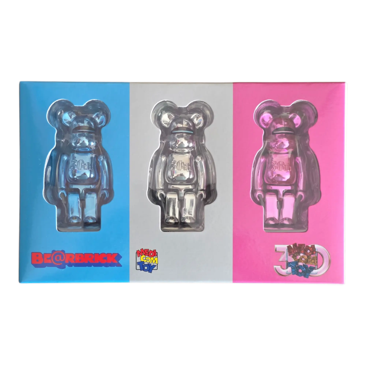 Bearbrick Hajime Sorayama Medicom Toy 30th Anniversary 3er-Set 100% Verpackungsvorderseite